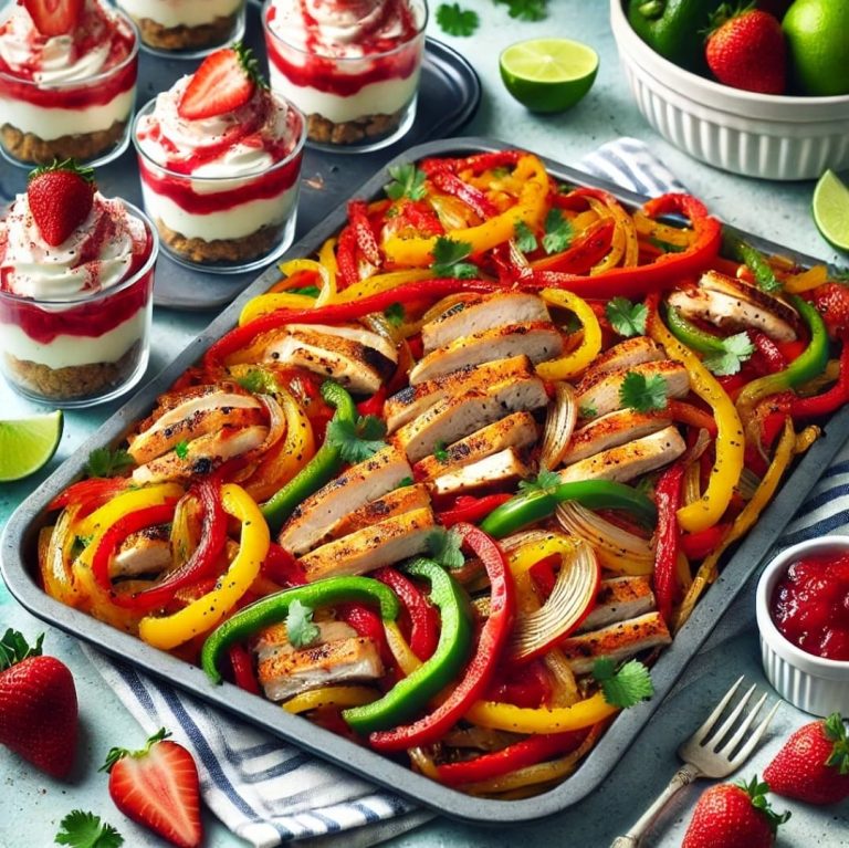 Chicken Fajita Traybake and No-Bake Strawberry Cheesecake Cups