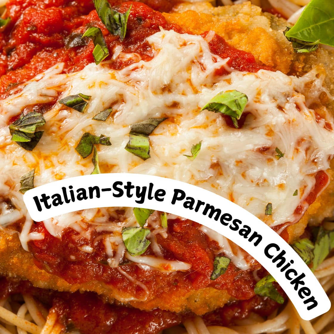 Italian-Style Parmesan Chicken with Tomato & Basil Sauce, Garlic Ciabatta and Spaghetti