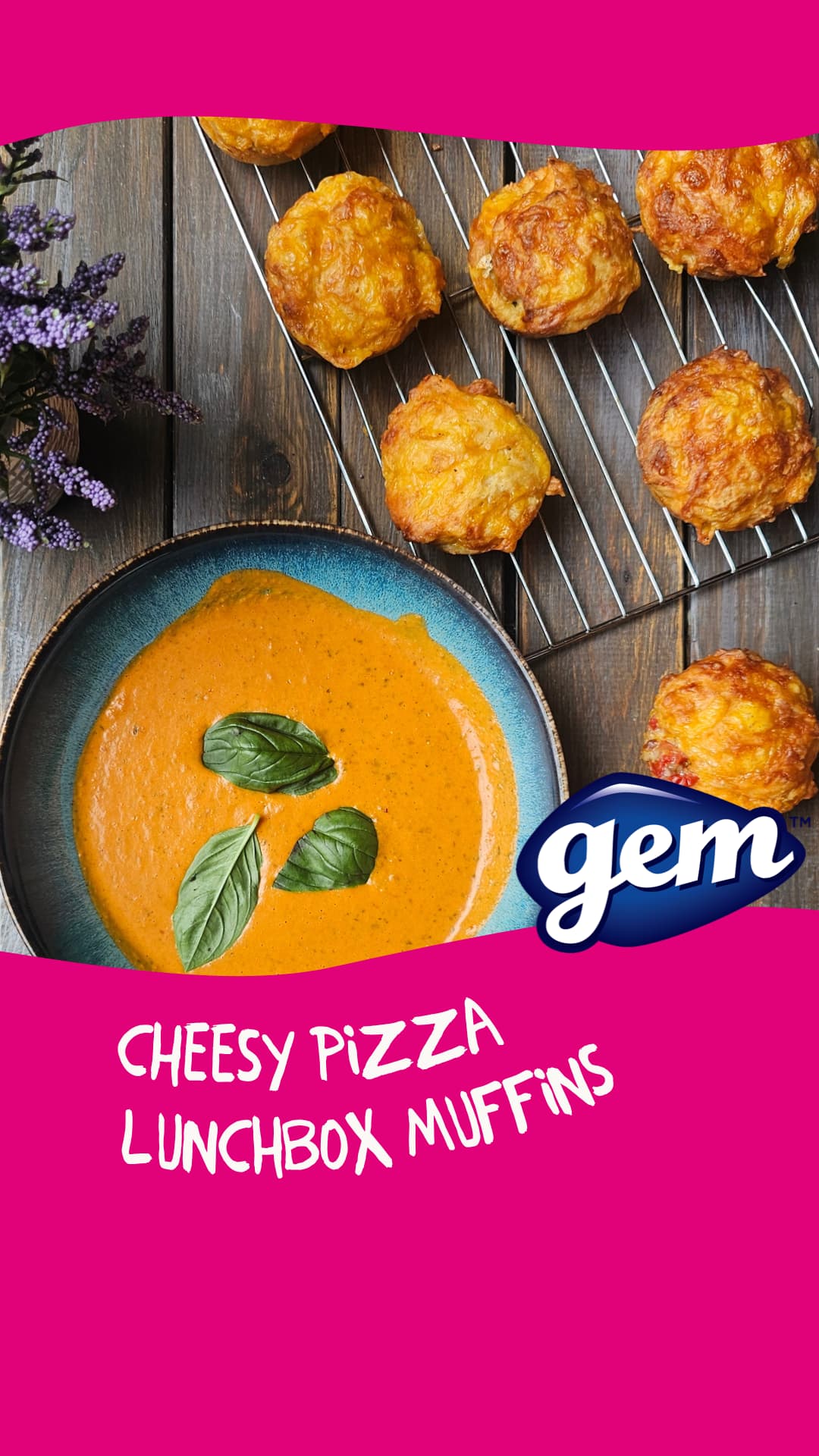 Cheesy Pizza Lunchbox Muffins With creamy Tomato and basil soup
